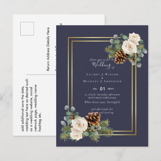BUDGET Winter Wedding White Roses Gold Dusty Blue Postkarte (Vorne/Hinten)
