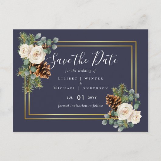 BUDGET Winter Wedding White Roses Gold Dusty Blue Postkarte (Vorderseite)