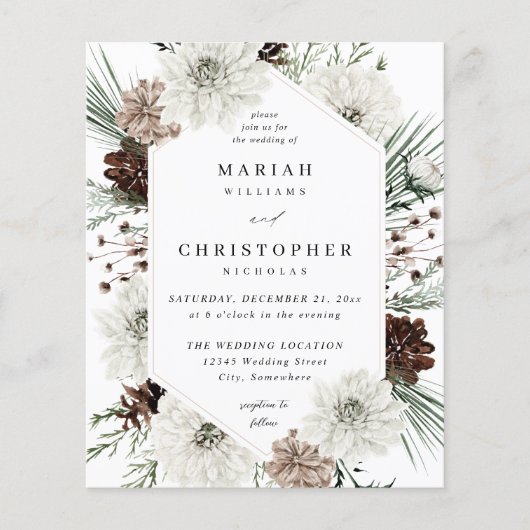 Budget Winter White Floral & Pine Wedding Flyer (Vorne)
