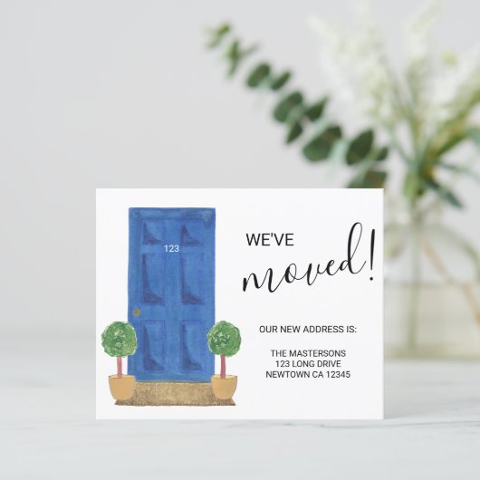 Budget Wir haben Blue Door Announcement Card umgez (Stehend Vorderseite)