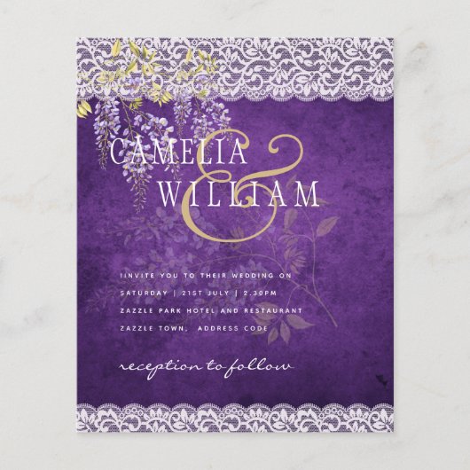 BUDGET Wisteria Lila Blumenstrasse Hochzeitsfeier Flyer (Vorne)