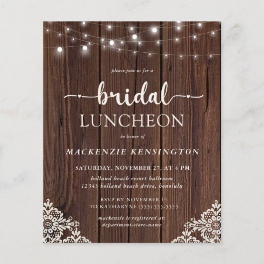 Budget Wood Lights Bridal Dusche Einladung (Vorderseite)