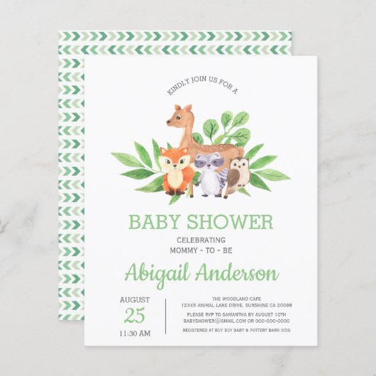 BUDGET Woodland Animal Baby Shower Einladung (Vorne/Hinten)