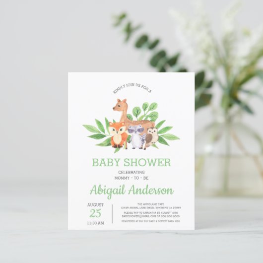 BUDGET Woodland Animal Baby Shower Einladung (Stehend Vorderseite)