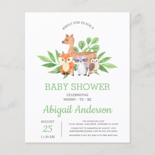 BUDGET Woodland Animal Baby Shower Einladung Flyer (Vorne)