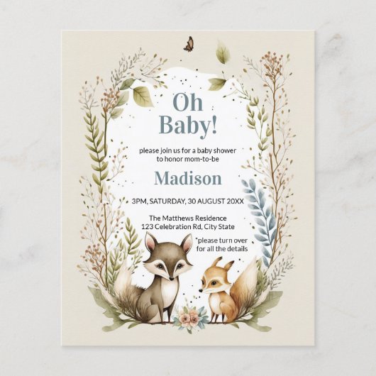 Budget Woodland Animals Boy Baby Shower Einladung (Vorderseite)