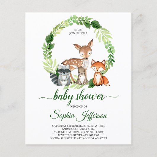 Budget Woodland Animals Kinderdusche Einladung (Vorderseite)