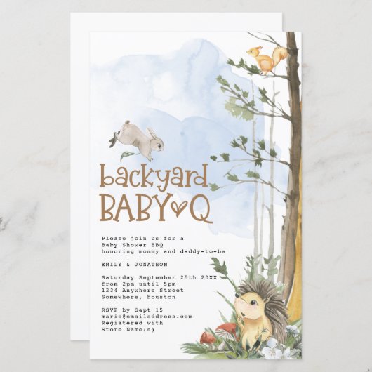 Budget Woodland Baby Q Backyard Babydusche Einladu (Vorne/Hinten)