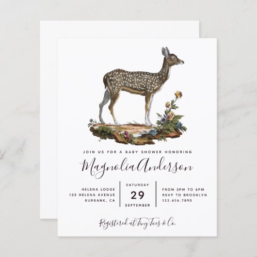 Budget Woodland Deer Baby Shower Einladung (Vorne/Hinten)