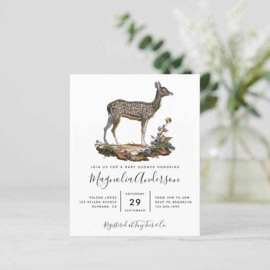 Budget Woodland Deer Baby Shower Einladung (Stehend Vorderseite)