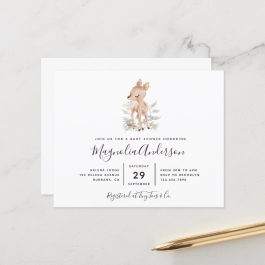 Budget Woodland Deer Baby Shower Einladung (Vorderseite/Rückseite Beispiel)