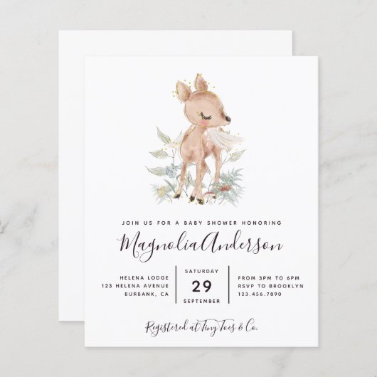 Budget Woodland Deer Baby Shower Einladung (Vorne/Hinten)