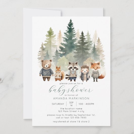 Budget Woodland Wasserfarbe Kinderdusche Einladung (Vorderseite)