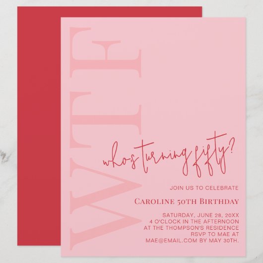 Budget WTF Wer wird Fünfzig | Pinker roter Geburts (Vorne/Hinten)