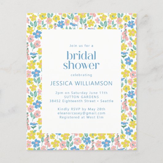 Budget Yellow Ditsy Floral Brautparty Einladung (Vorderseite)