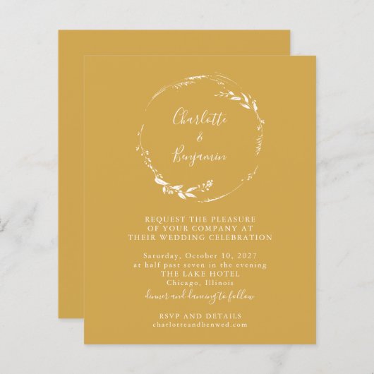 Budget Yellow Floral Wreath Script Einladung (Vorne/Hinten)
