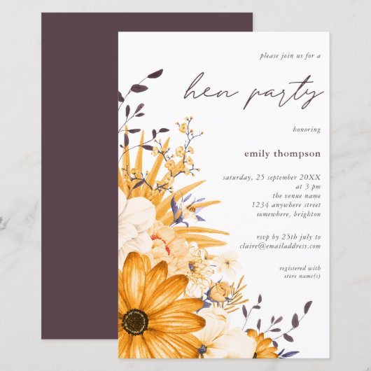 Budget Yellow Graue Floral Hen Party Einladung (Vorne/Hinten)