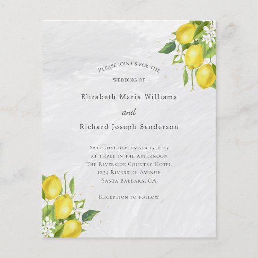 Budget Yellow Lemons Watercolor Wedding Einladung (Vorderseite)