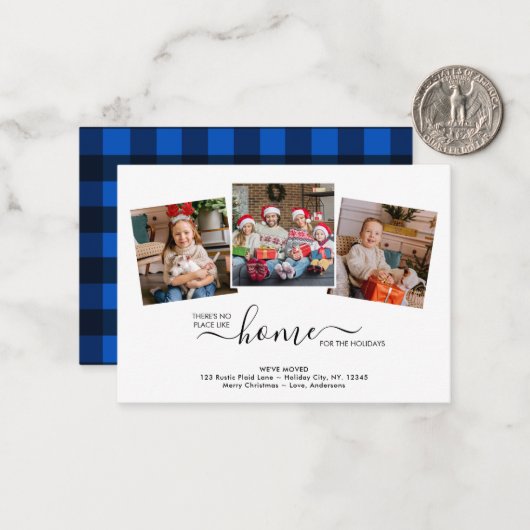 Budget Zuhause Holidays 3 Foto Blue Kariert Moving Mitteilungskarte (Vorderseite/Rückseite Beispiel)