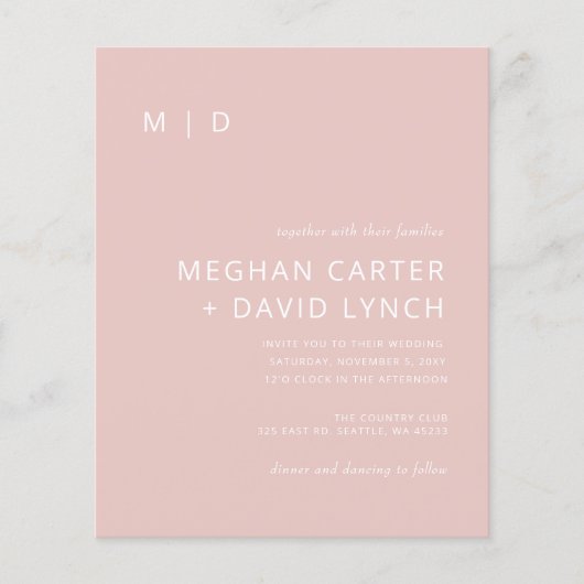 Budgethülle Blush Moderne Monogram Wedding Einladu (Vorderseite)