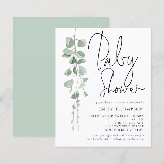 Budgetscript Eucalyptus Babydusche Einladung (Vorne/Hinten)