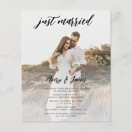 Budgetscript Just Married Foto Hochzeitsfeier Flyer (Vorne)