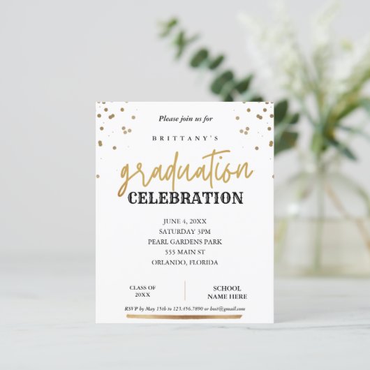 Budgetskript Eleganter Gold Abschluss Einladung (Stehend Vorderseite)