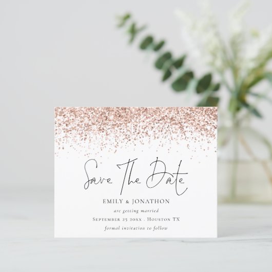 Budgetskript-Rose Gold-Glitzer Save the Date (Stehend Vorderseite)