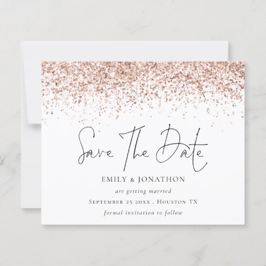 Budgetskript-Rose Gold-Glitzer Save the Date (Vorderseite)