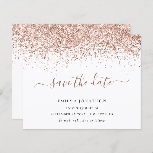 Budgetskript-Rose Gold-Glitzer Save the Date (Vorne/Hinten)