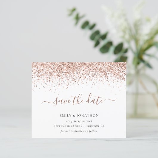 Budgetskript-Rose Gold-Glitzer Save the Date (Stehend Vorderseite)
