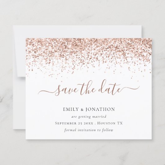 Budgetskript-Rose Gold-Glitzer Save the Date (Vorderseite)