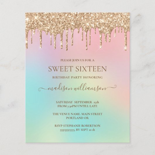 Budgettropfen Gold Glitzer & Regenbogen Sweet 16 (Vorderseite)