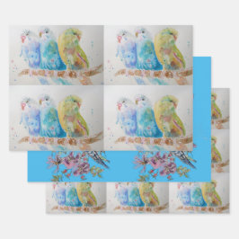 Budgie Art Blumen Floral Blue Bird Wasserfarbe Geschenkpapier Set