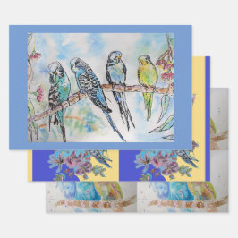 Budgie Art Blumen Floral Blue Bird Wasserfarbe Geschenkpapier Set