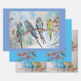 Budgie Art Blumen Floral Blue Bird Wasserfarbe Geschenkpapier Set