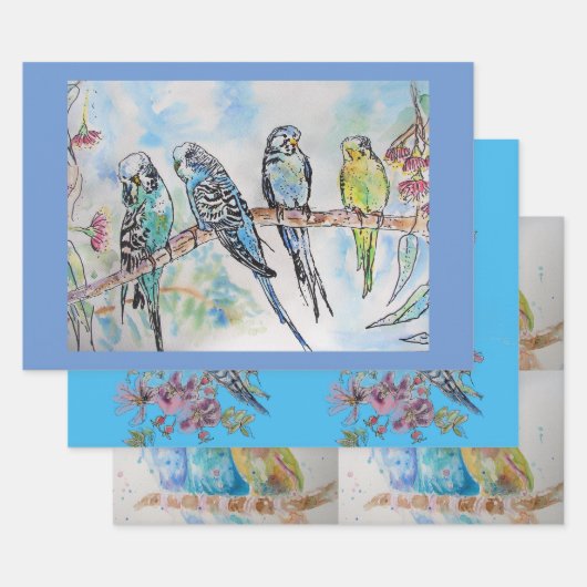 Budgie Art Blumen Floral Blue Bird Wasserfarbe Geschenkpapier Set (Set)