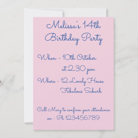 Budgie Blue Bird Birthday Kinder Girls Rosa Bläser Einladung (Rückseite)