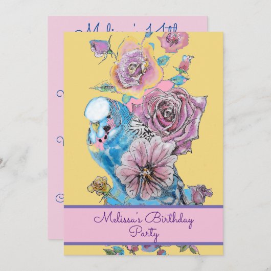Budgie Blue Bird Birthday Kinder Girls Rosa Bläser Einladung (Vorne/Hinten)