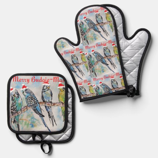 Budgie Budgies Merry Budgiemas Christmas Stocking Ofenhandschuh & Topflappen-Set (Vorderseite/Rückseite)