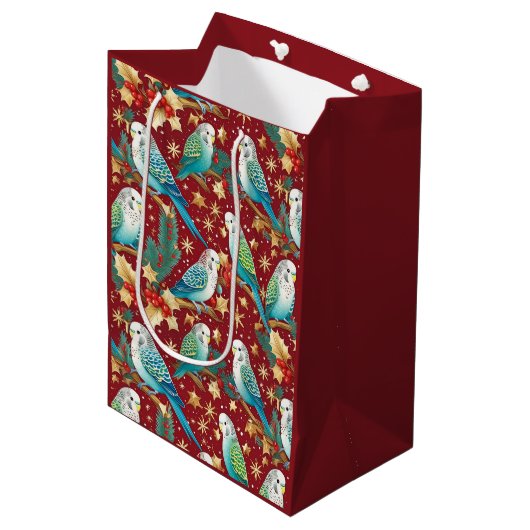 Budgie Gold & Red Christmas Wrapping Paper Mittlere Geschenktüte (Vorderseite Schrägansicht)