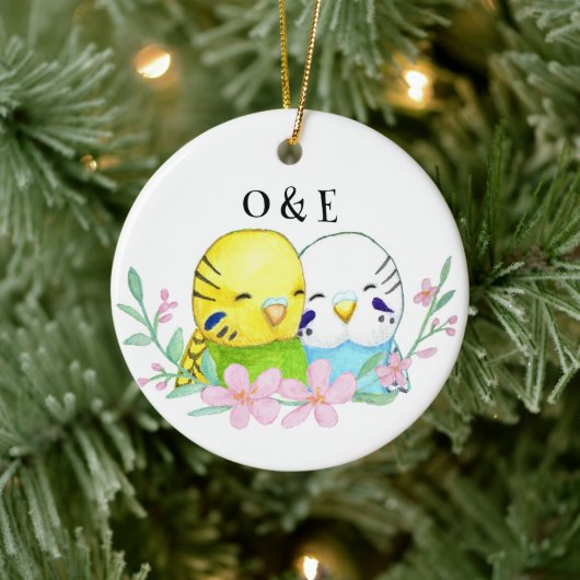 Budgie Lovebird Couple Erste Weihnacht gemeinsam Keramik Ornament (Baum)