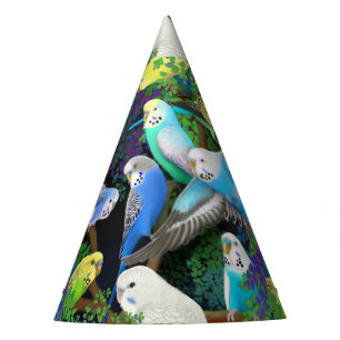 Budgie Parakeets im Farn-Party-Hut Partyhütchen