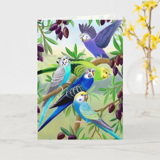 Budgie Parakeets in Olive Tree Greeting Card Karte (Gelbe Blume)