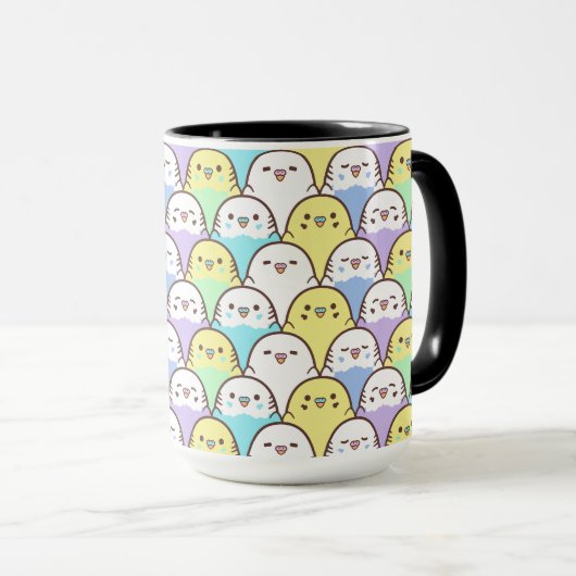 Budgie Parrot Lila Gelbes Cartoon Muster Tasse (VorderseiteRechts)