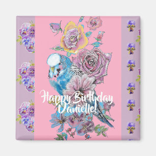Budgie Watercolor Blumendamen Birthday Magnet