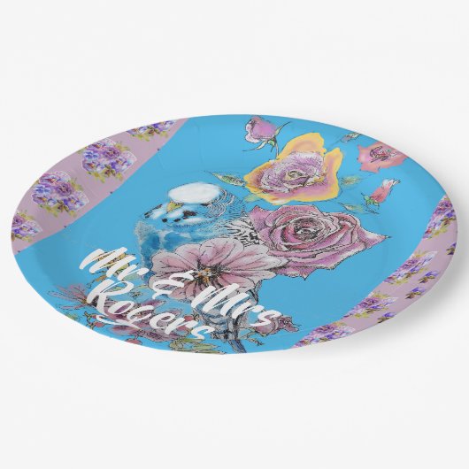 Budgie Watercolor Blumenlila Hochzeitspapierplatte Pappteller (Schrägansicht)