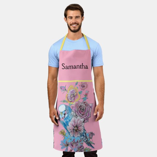 Budgie Watercolor Rose Blumendesign Rosa Schürze (Getragen)