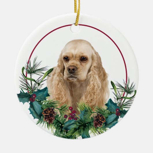 Buff American Cocker Spaniel Evergreen Wreath Keramik Ornament (Vorne)