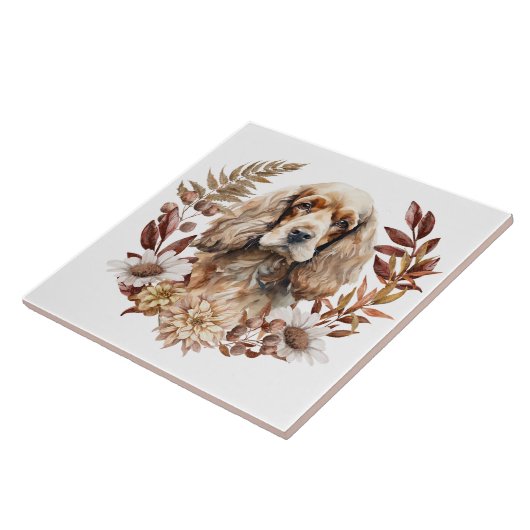Buff American Cocker Spaniel Herbstkranz Fliese (Seite)